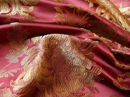 by yard 100% Silk Lampas Realistic Stemmed Chrysanthemums “Paprika” Red