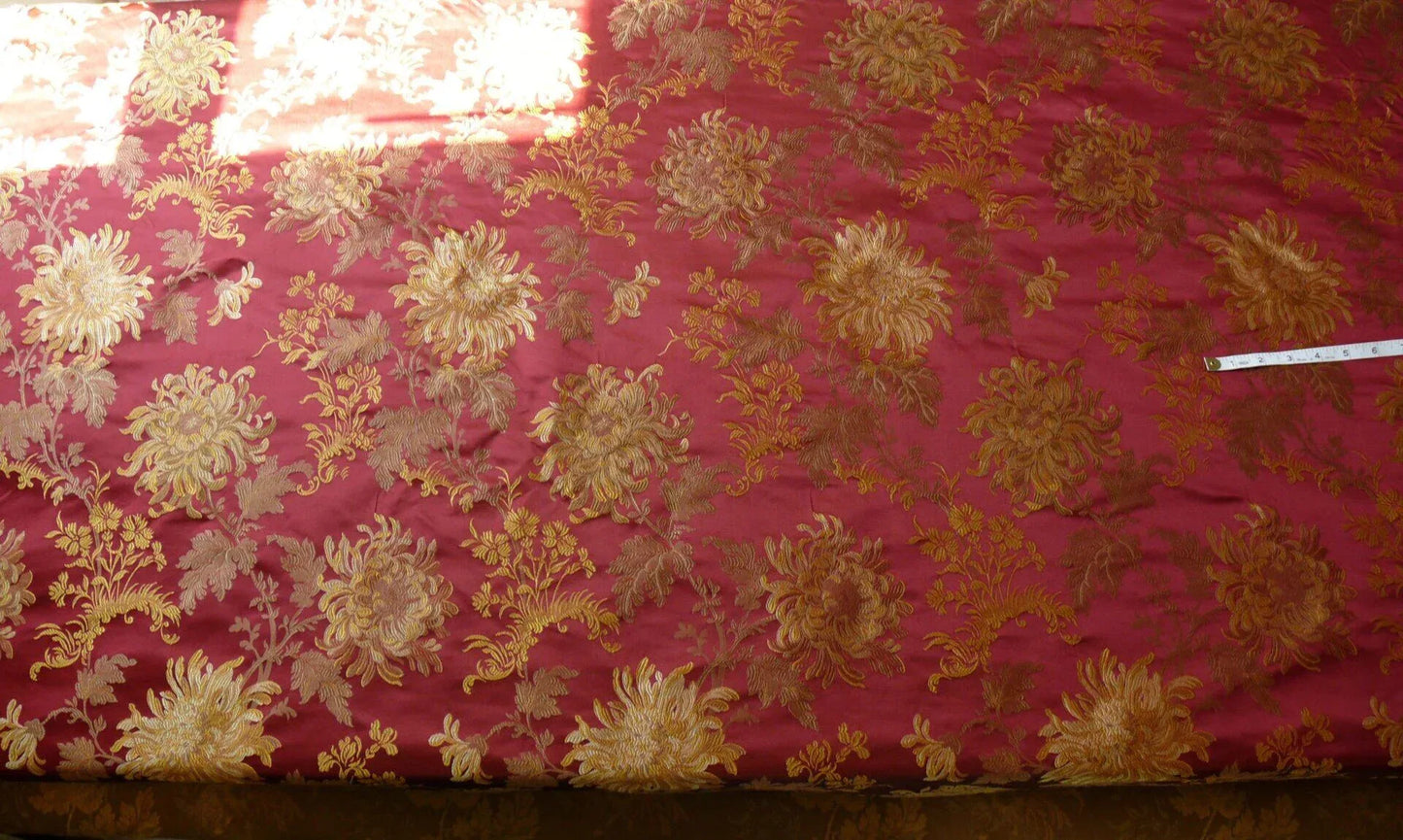 by yard 100% Silk Lampas Realistic Stemmed Chrysanthemums “Paprika” Red