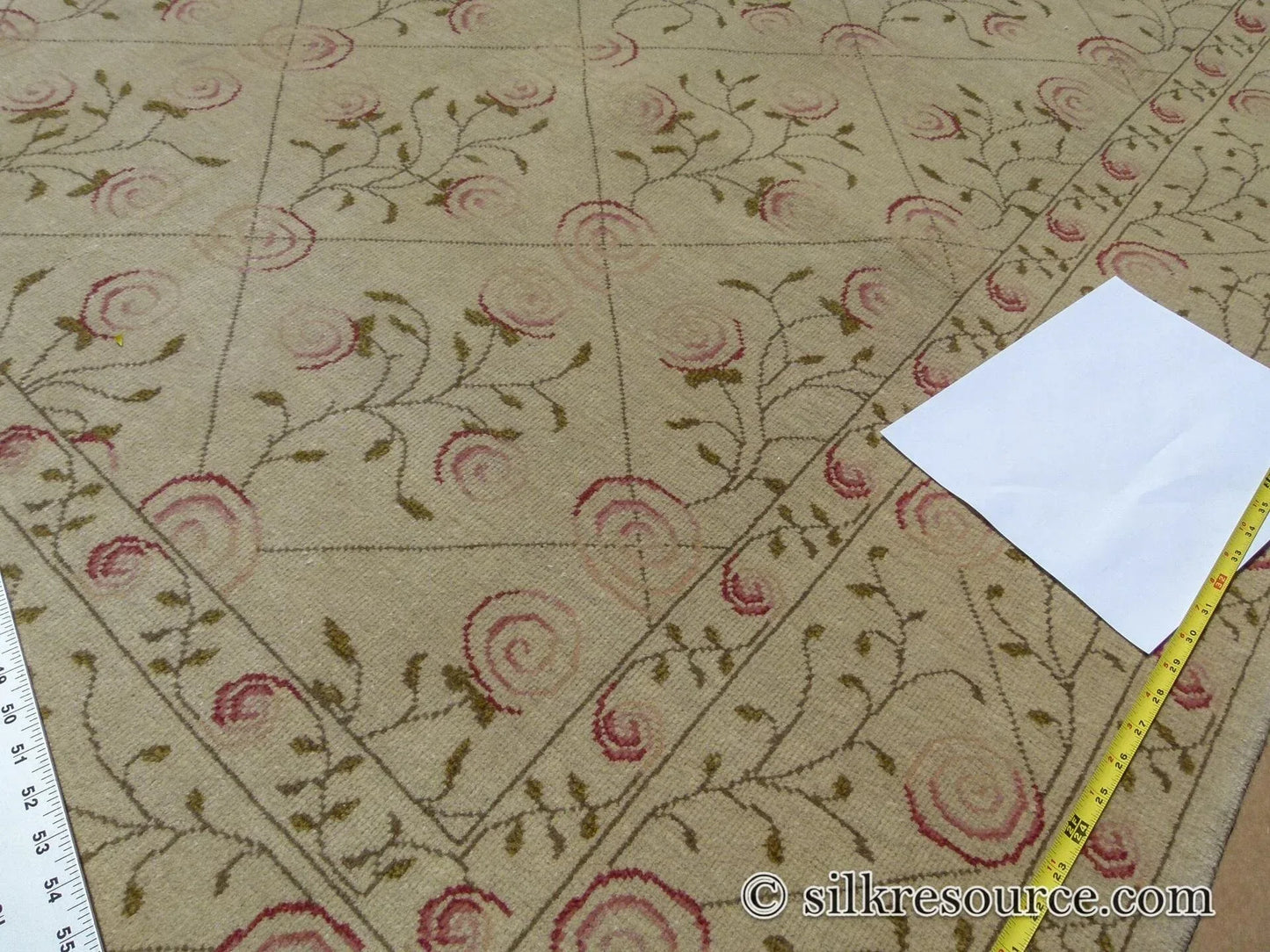 Stark EVERMAN TAN Silk Wool Hand Knotted Rug Delicate Climing Rose Flower Pink Red 11'11"X9' MSRP USD 11,000