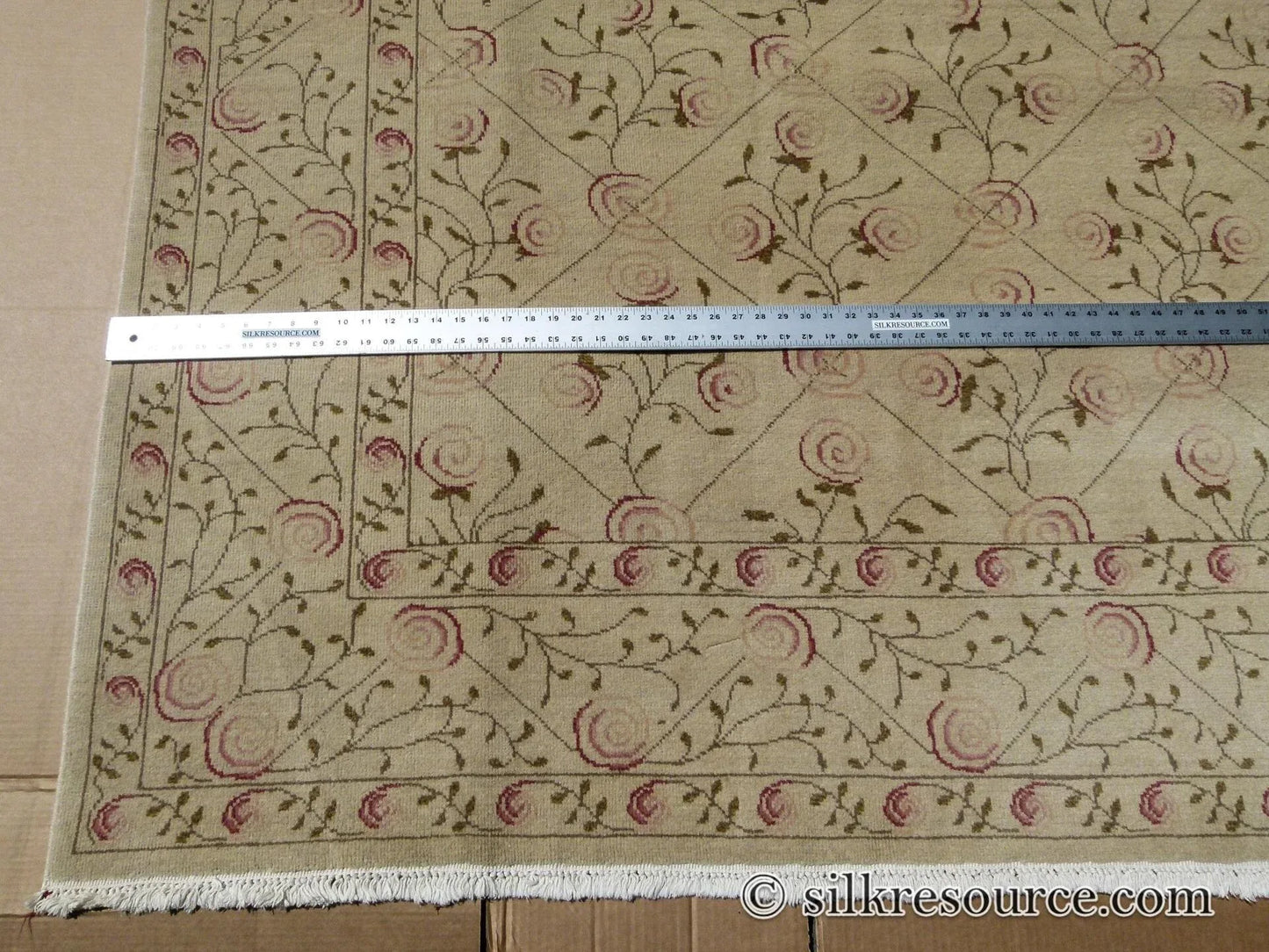 Stark EVERMAN TAN Silk Wool Hand Knotted Rug Delicate Climing Rose Flower Pink Red 11'11"X9' MSRP USD 11,000