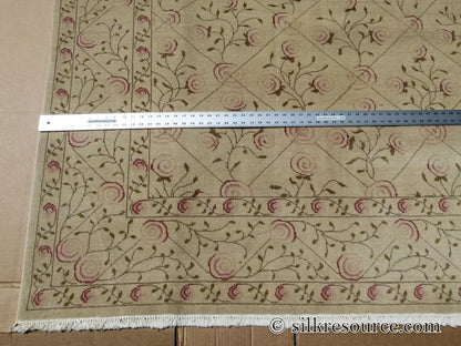 Stark EVERMAN TAN Silk Wool Hand Knotted Rug Delicate Climing Rose Flower Pink Red 11'11"X9' MSRP USD 11,000