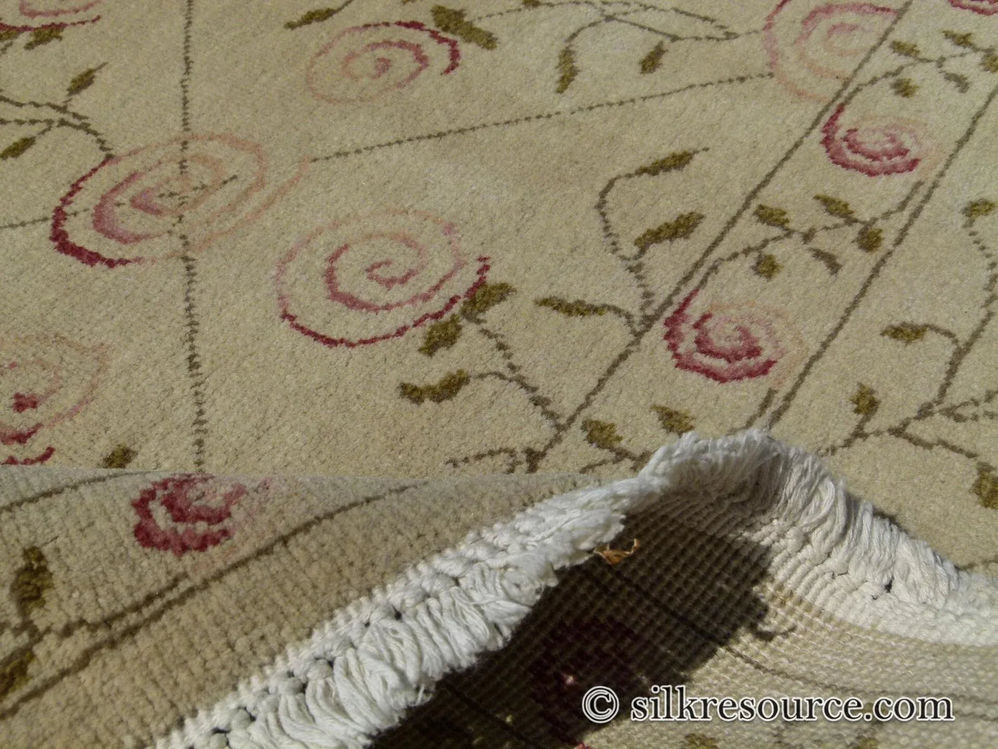 Stark EVERMAN TAN Silk Wool Hand Knotted Rug Delicate Climing Rose Flower Pink Red 11'11"X9' MSRP USD 11,000