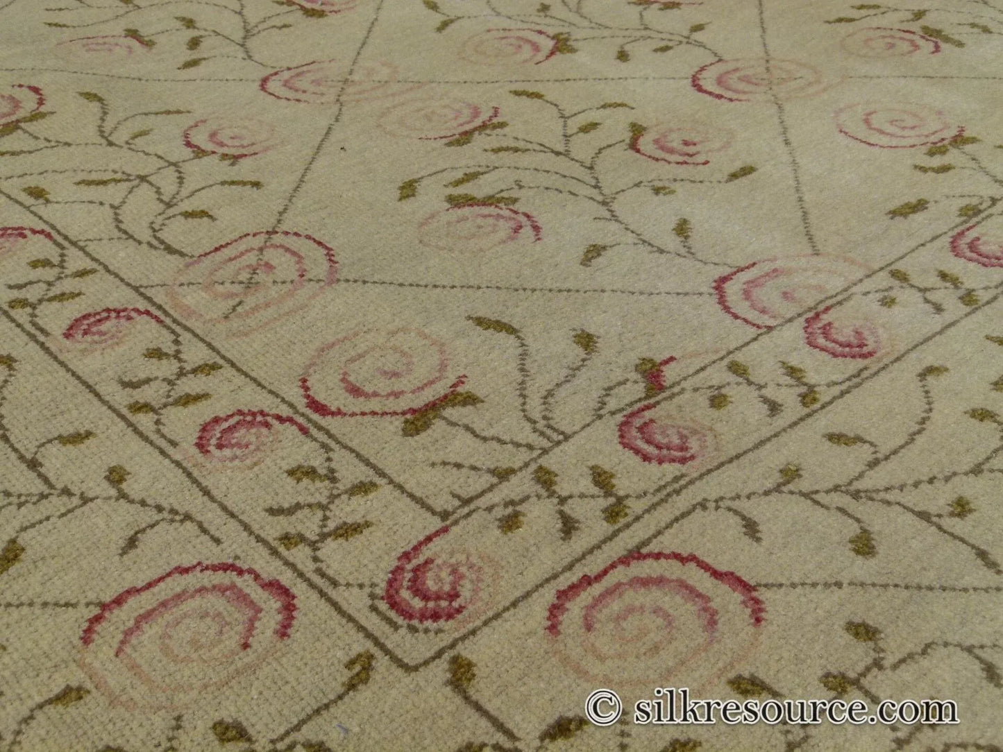 Stark EVERMAN TAN Silk Wool Hand Knotted Rug Delicate Climing Rose Flower Pink Red 11'11"X9' MSRP USD 11,000