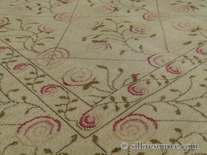 Stark EVERMAN TAN Silk Wool Hand Knotted Rug Delicate Climing Rose Flower Pink Red 11'11"X9' MSRP USD 11,000