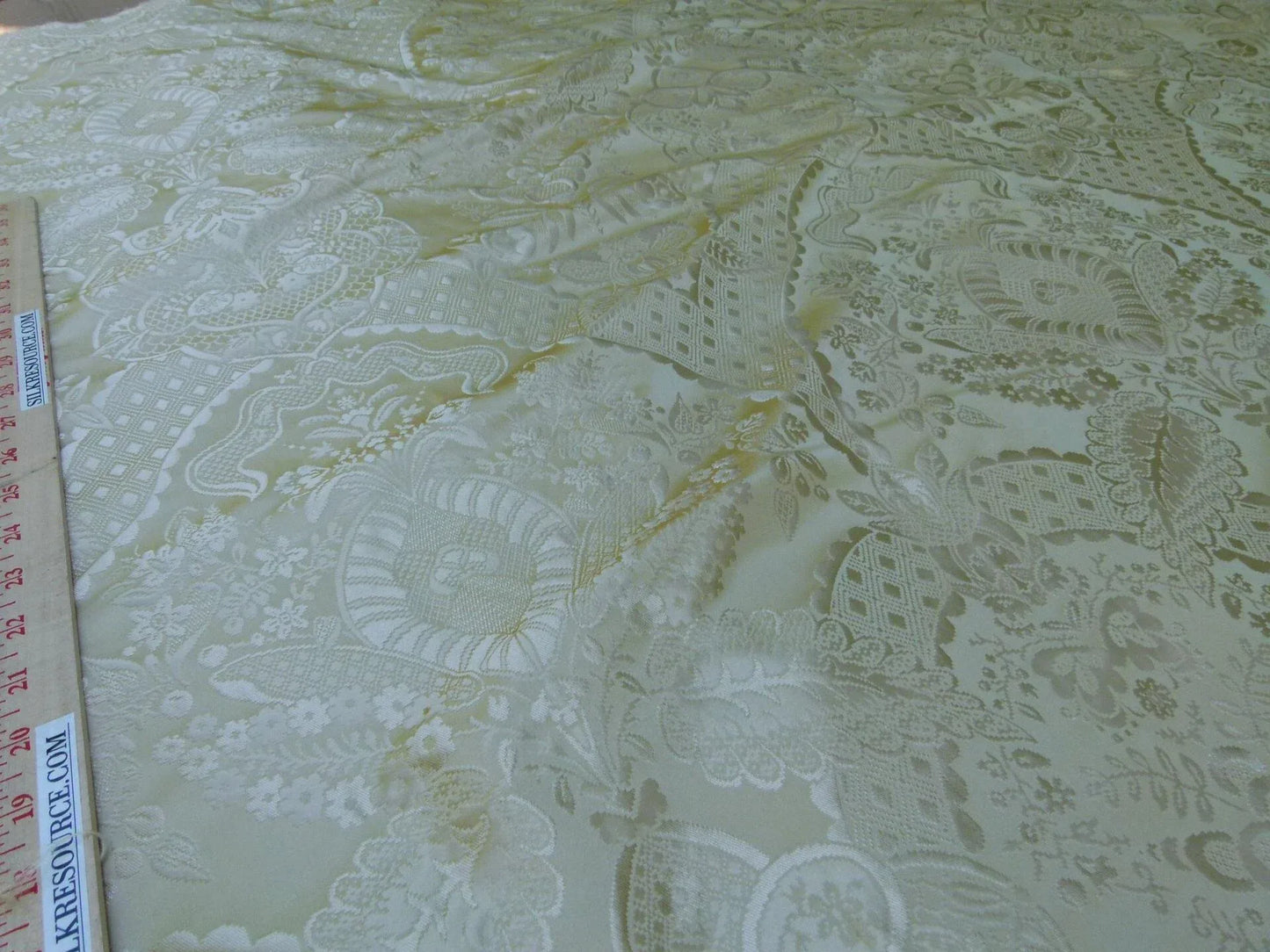 100% Silk Renaissance Damask Flax Pale Yellow