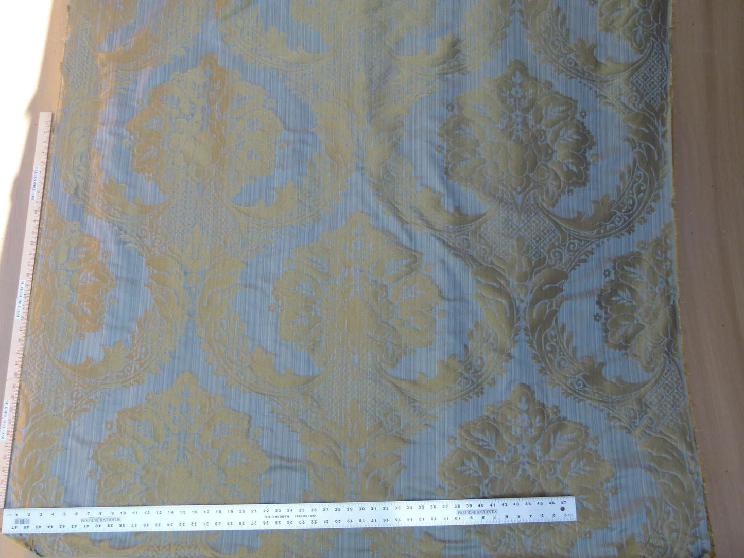 100% Silk Damask on Strie Demure Blue Purple Antique Gold Classic Renaissance Artichoke Reversible 59"wide
