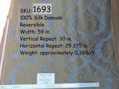 100% Silk Damask on Strie Demure Blue Purple Antique Gold Classic Renaissance Artichoke Reversible 59"wide