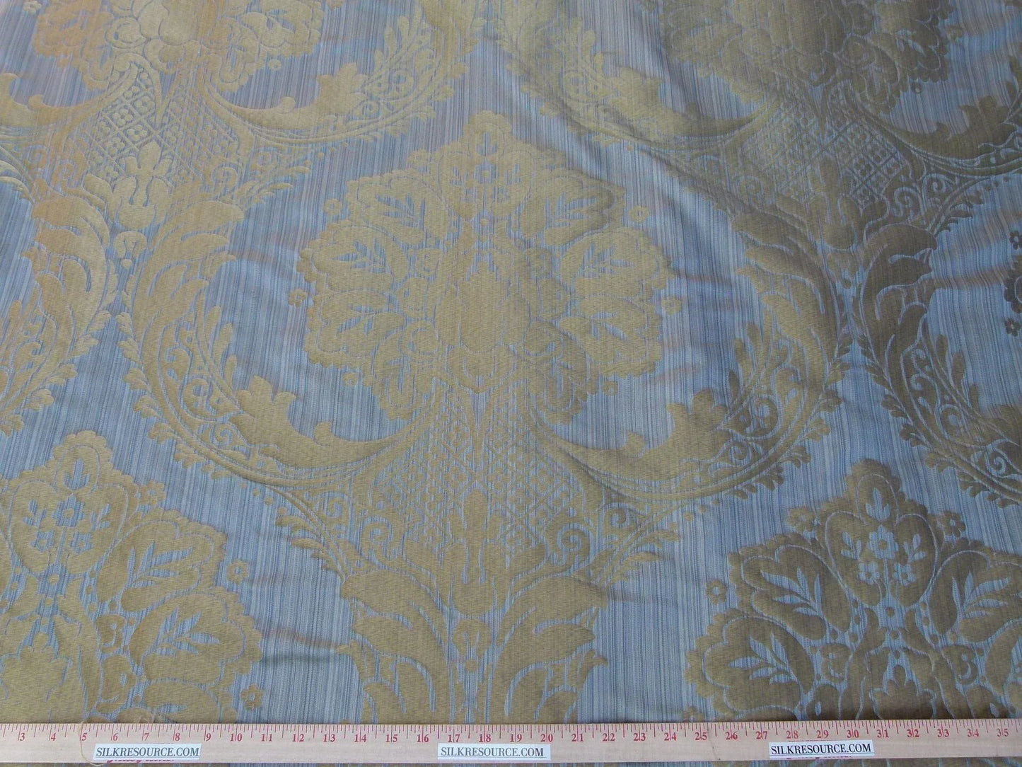 100% Silk Damask on Strie Demure Blue Purple Antique Gold Classic Renaissance Artichoke Reversible 59"wide