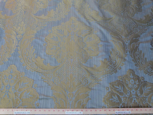 100% Silk Damask on Strie Demure Blue Purple Antique Gold Classic Renaissance Artichoke Reversible 59"wide