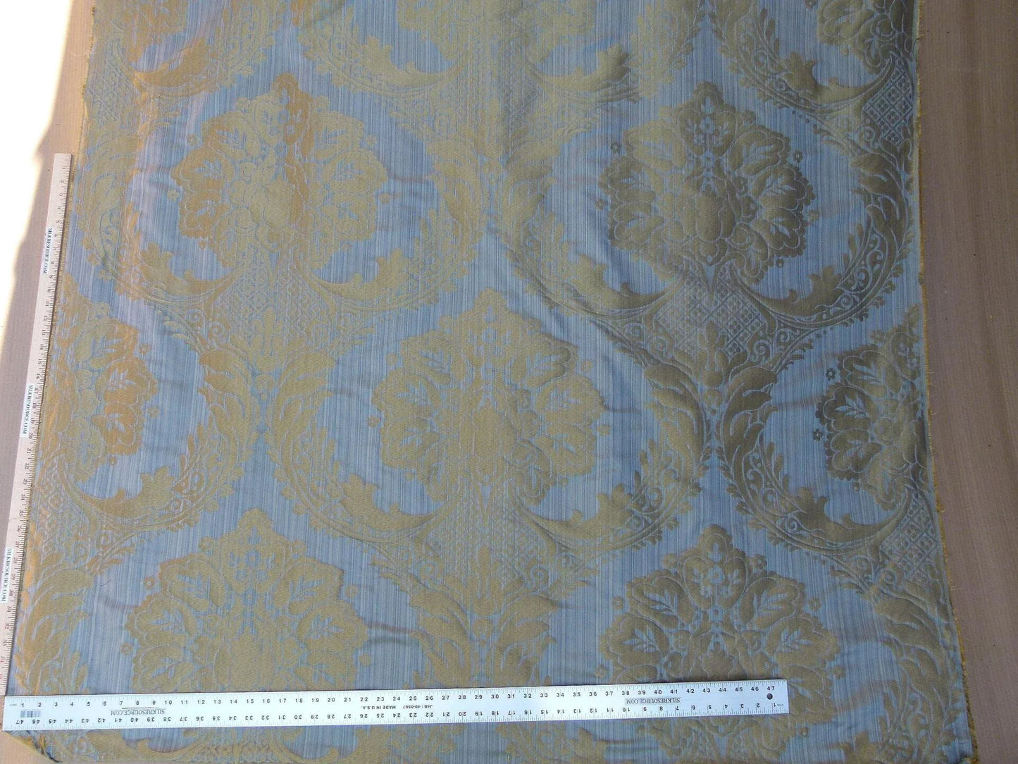 100% Silk Damask on Strie Demure Blue Purple Antique Gold Classic Renaissance Artichoke Reversible 59"wide