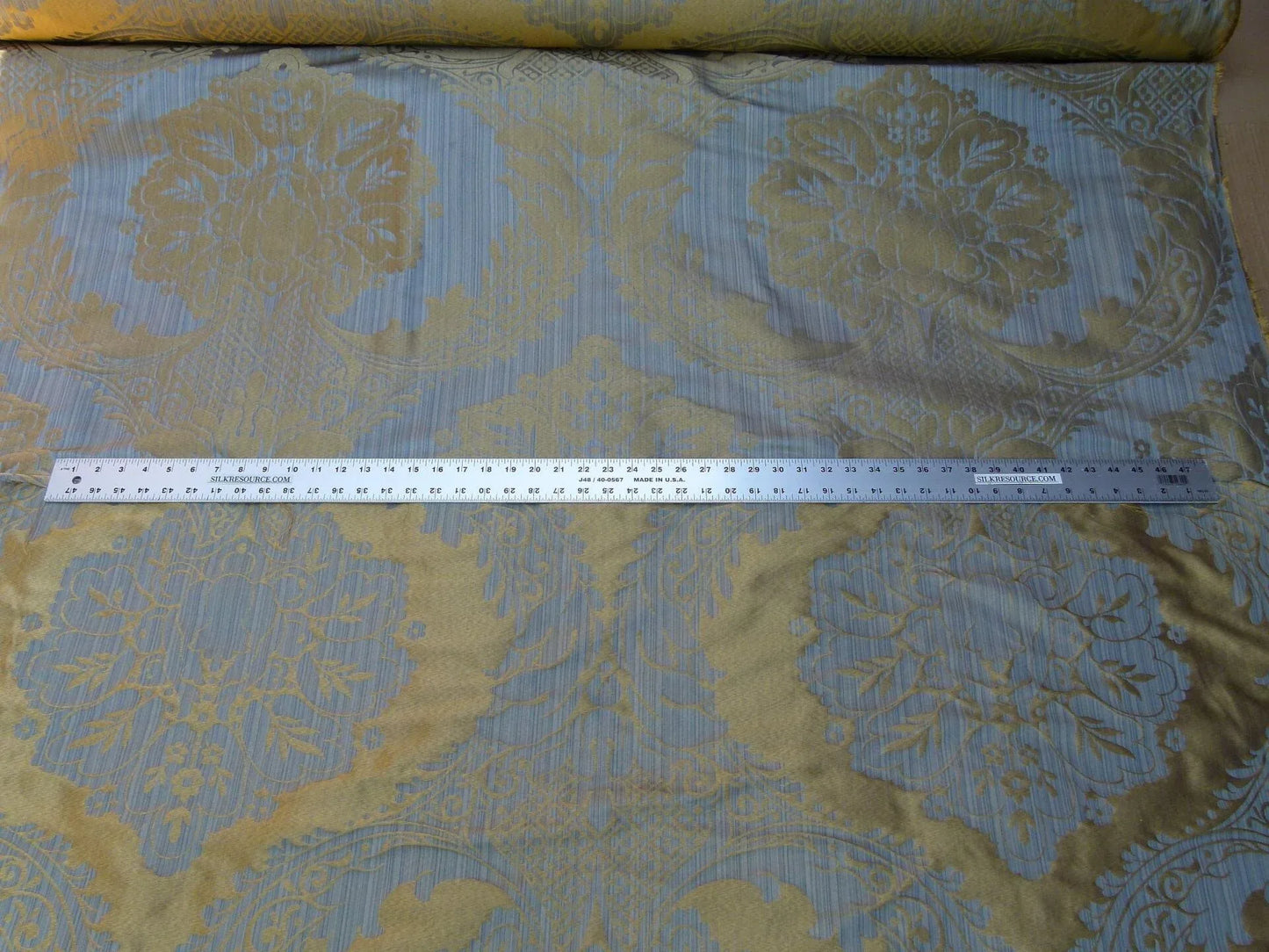 100% Silk Damask on Strie Demure Blue Purple Antique Gold Classic Renaissance Artichoke Reversible 59"wide