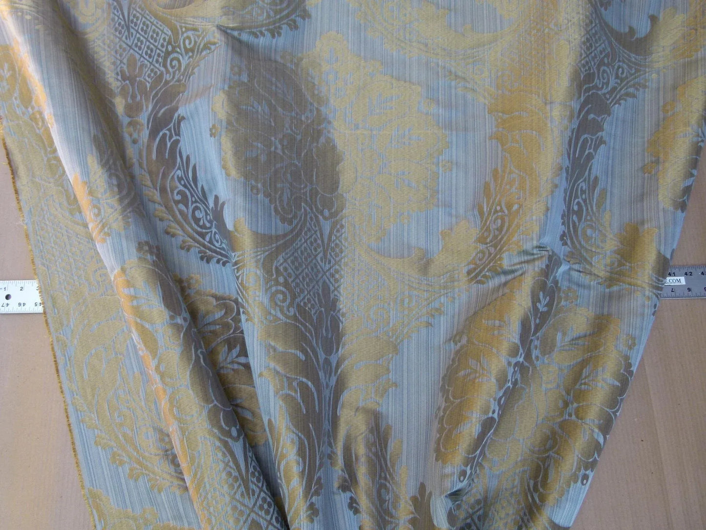 100% Silk Damask on Strie Demure Blue Purple Antique Gold Classic Renaissance Artichoke Reversible 59"wide