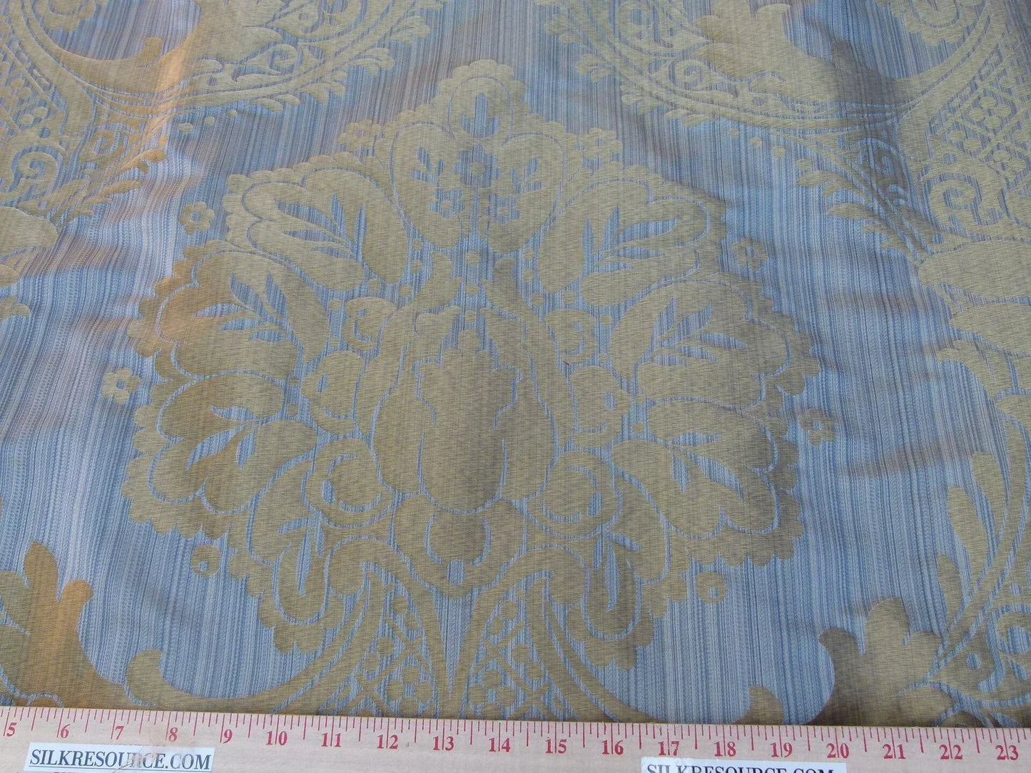 100% Silk Damask on Strie Demure Blue Purple Antique Gold Classic Renaissance Artichoke Reversible 59"wide