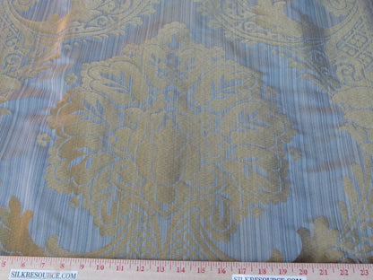 100% Silk Damask on Strie Demure Blue Purple Antique Gold Classic Renaissance Artichoke Reversible 59"wide