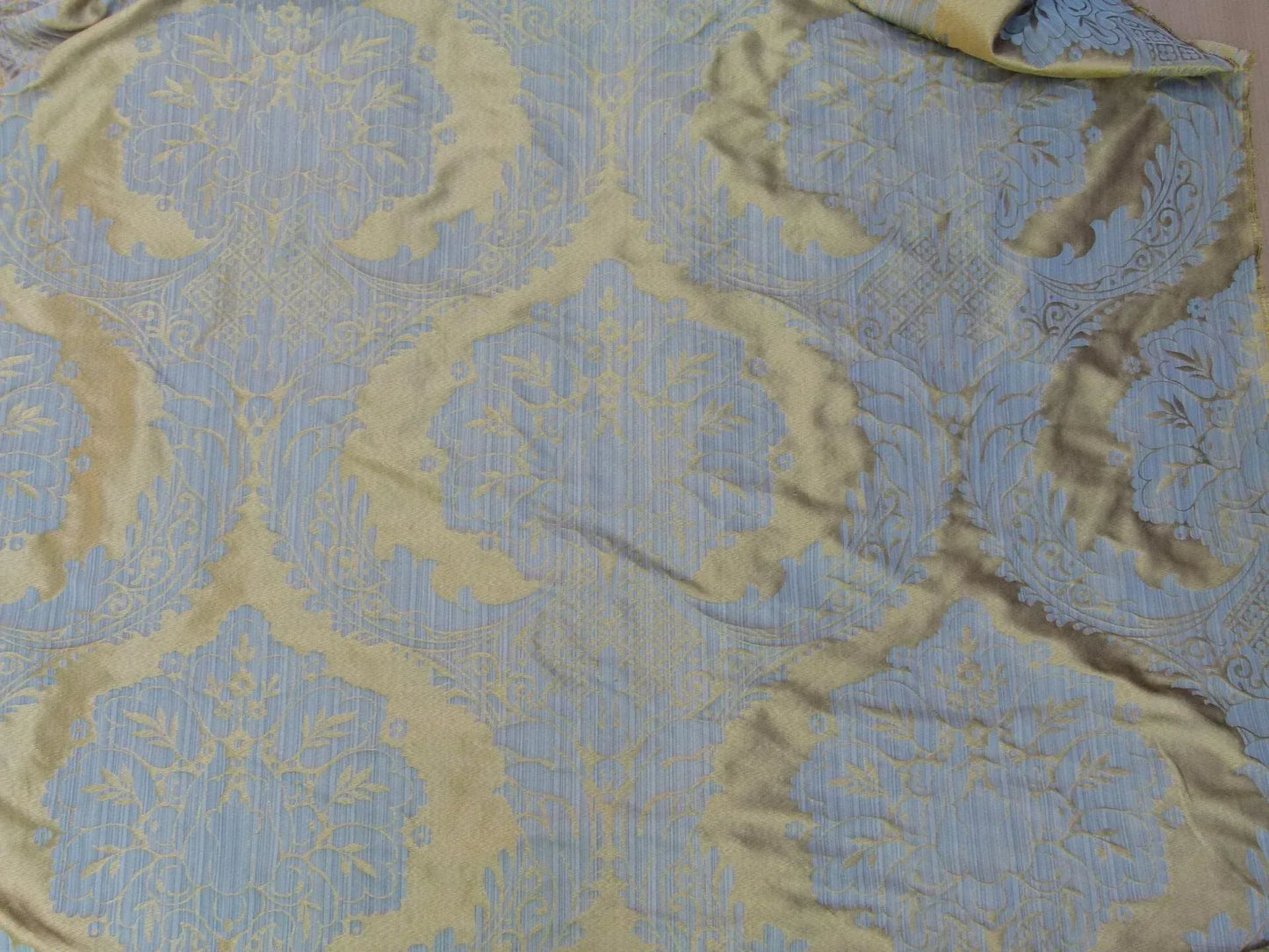 100% Silk Damask on Strie Demure Blue Purple Antique Gold Classic Renaissance Artichoke Reversible 59"wide