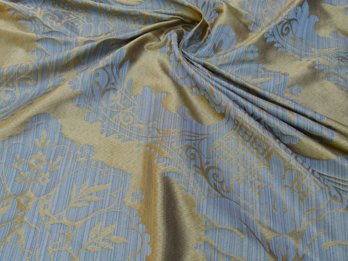 100% Silk Damask on Strie Demure Blue Purple Antique Gold Classic Renaissance Artichoke Reversible 59"wide