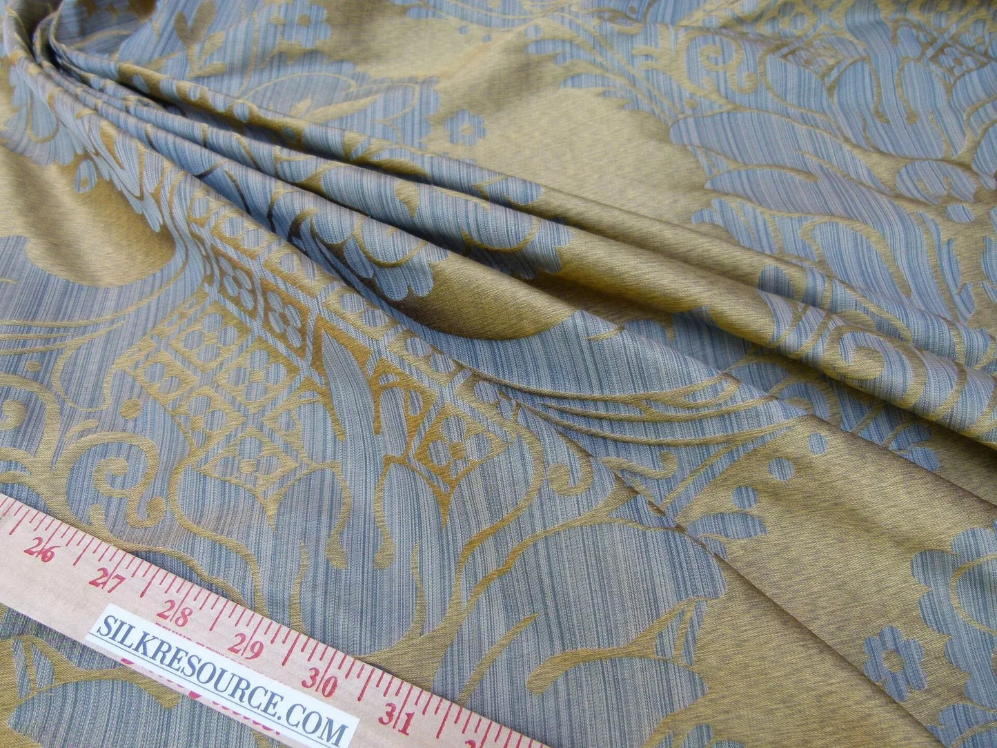 100% Silk Damask on Strie Demure Blue Purple Antique Gold Classic Renaissance Artichoke Reversible 59"wide