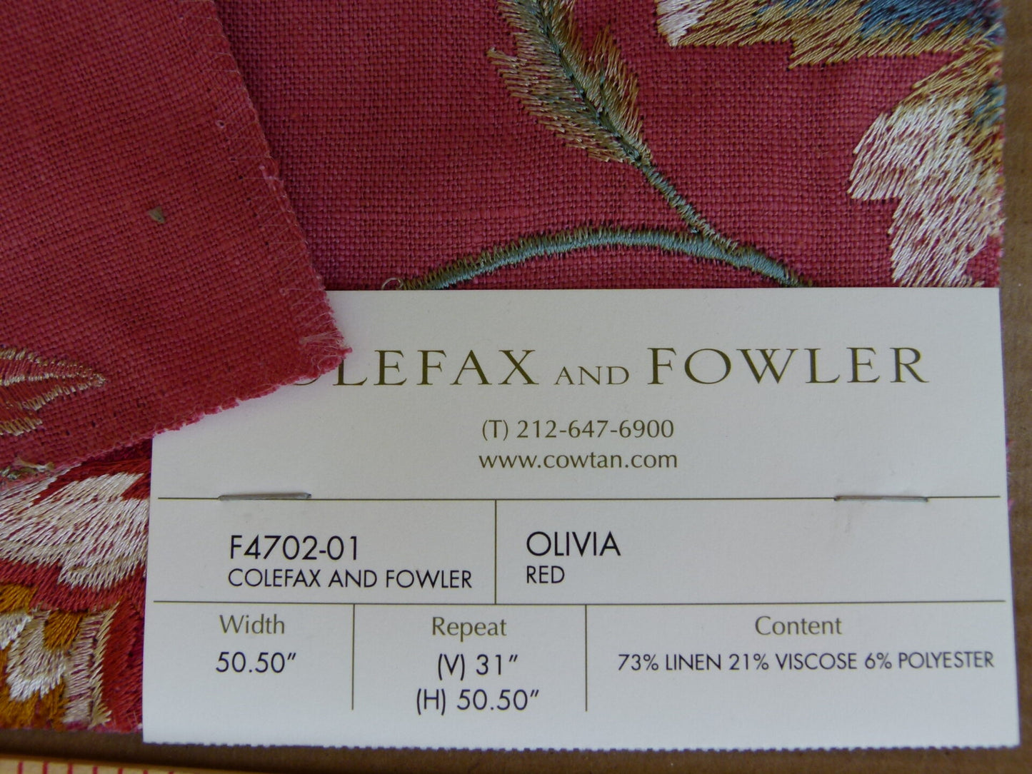 Colefax and Fowler Olivia Red Embroidery Red Bird Flower Tree Foliage MSRP USD400/y