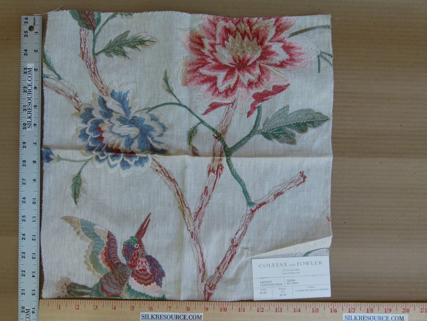 Colefax and Fowler Olivia Red Green Embroidery Red Bird Flower Tree Foliage on White MSRP USD400/y
