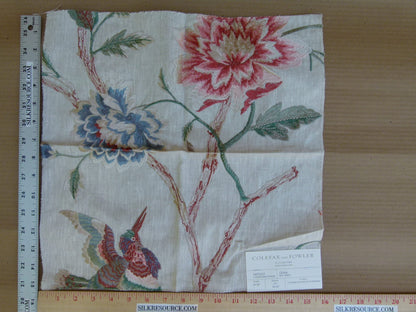 Colefax and Fowler Olivia Red Green Embroidery Red Bird Flower Tree Foliage on White MSRP USD400/y