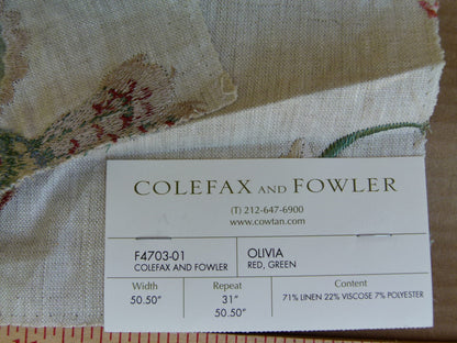 Colefax and Fowler Olivia Red Green Embroidery Red Bird Flower Tree Foliage on White MSRP USD400/y