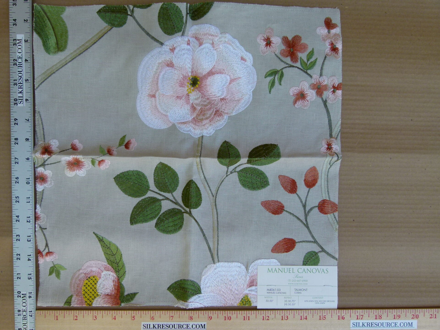Manuel Canovas Paris Talmont Corail Embroidery Pink Red Green White on Beige Botanical Foliage MSRP USD364/y