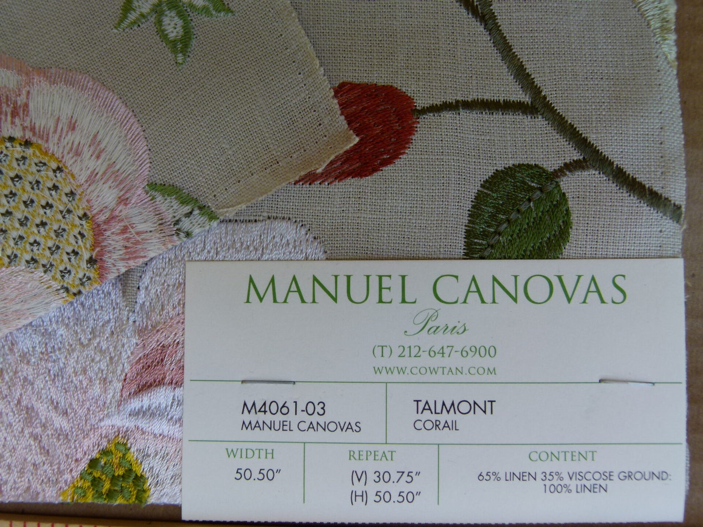 Manuel Canovas Paris Talmont Corail Embroidery Pink Red Green White on Beige Botanical Foliage MSRP USD364/y
