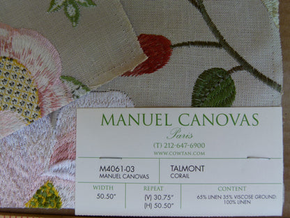 Manuel Canovas Paris Talmont Corail Embroidery Pink Red Green White on Beige Botanical Foliage MSRP USD364/y