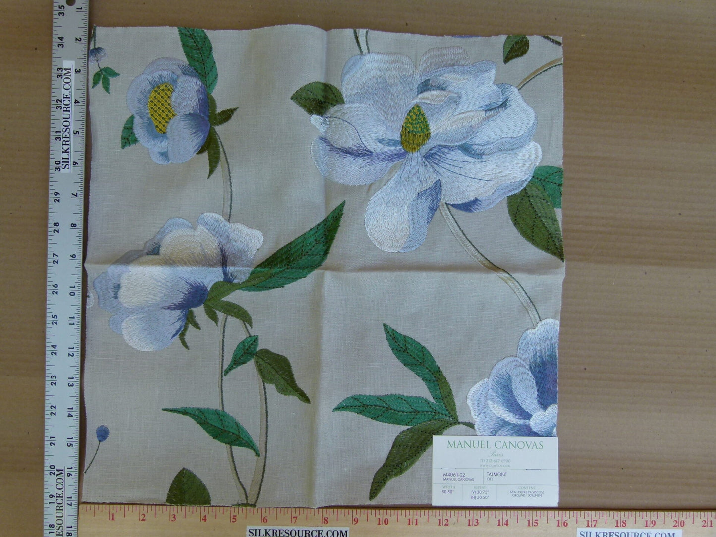 Manuel Canovas Paris Talmont Ciel Embroidery Blue Green on Beige Floral Botanical Foliage MSRP USD364/y