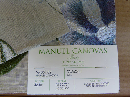 Manuel Canovas Paris Talmont Jade Embroidery Blue White Green Yellow on Beige Botanical Foliage MSRP USD384/y