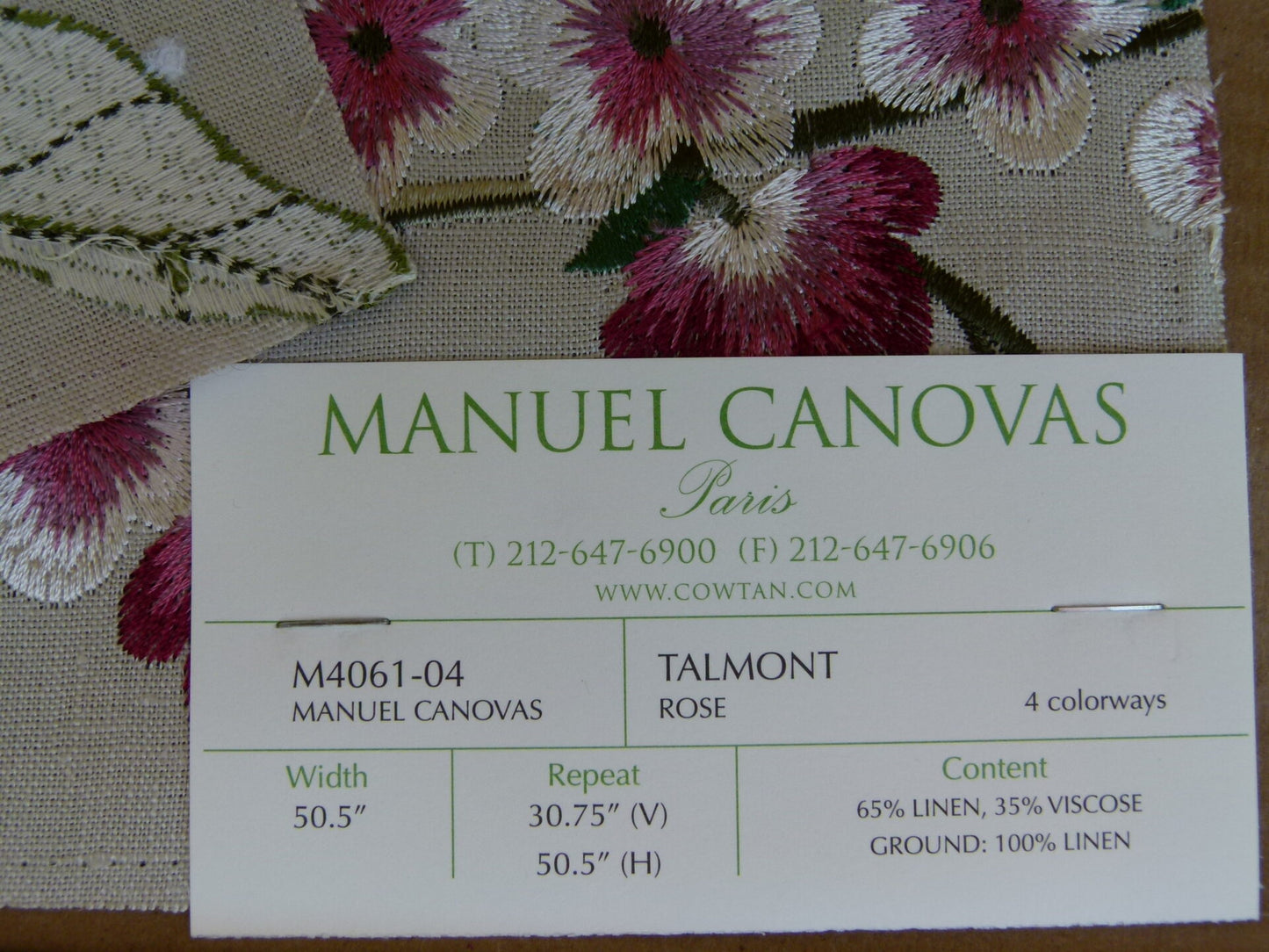 Manuel Canovas Paris Talmont Rose Embroidery Pink Green White on Beige Botanical Foliage MSRP USD364/y
