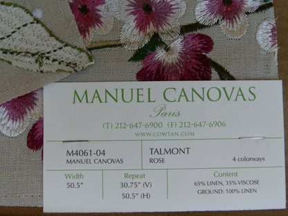 Manuel Canovas Paris Talmont Rose Embroidery Pink Green White on Beige Botanical Foliage MSRP USD364/y