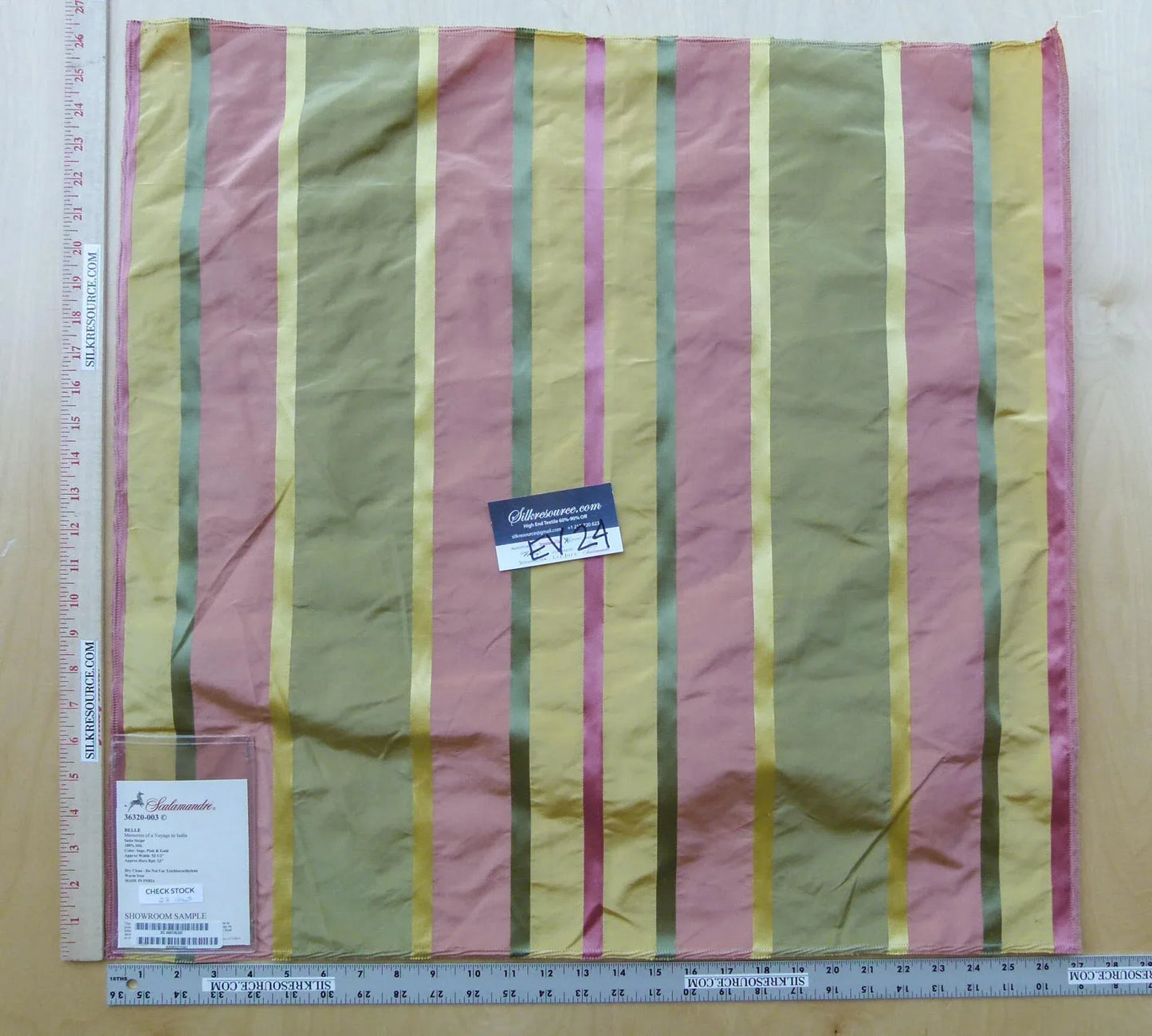 29 EV24 26"x27" Square Scalamandre BELLE Satin Stripe 100% Silk Sage, Pink and Gold
