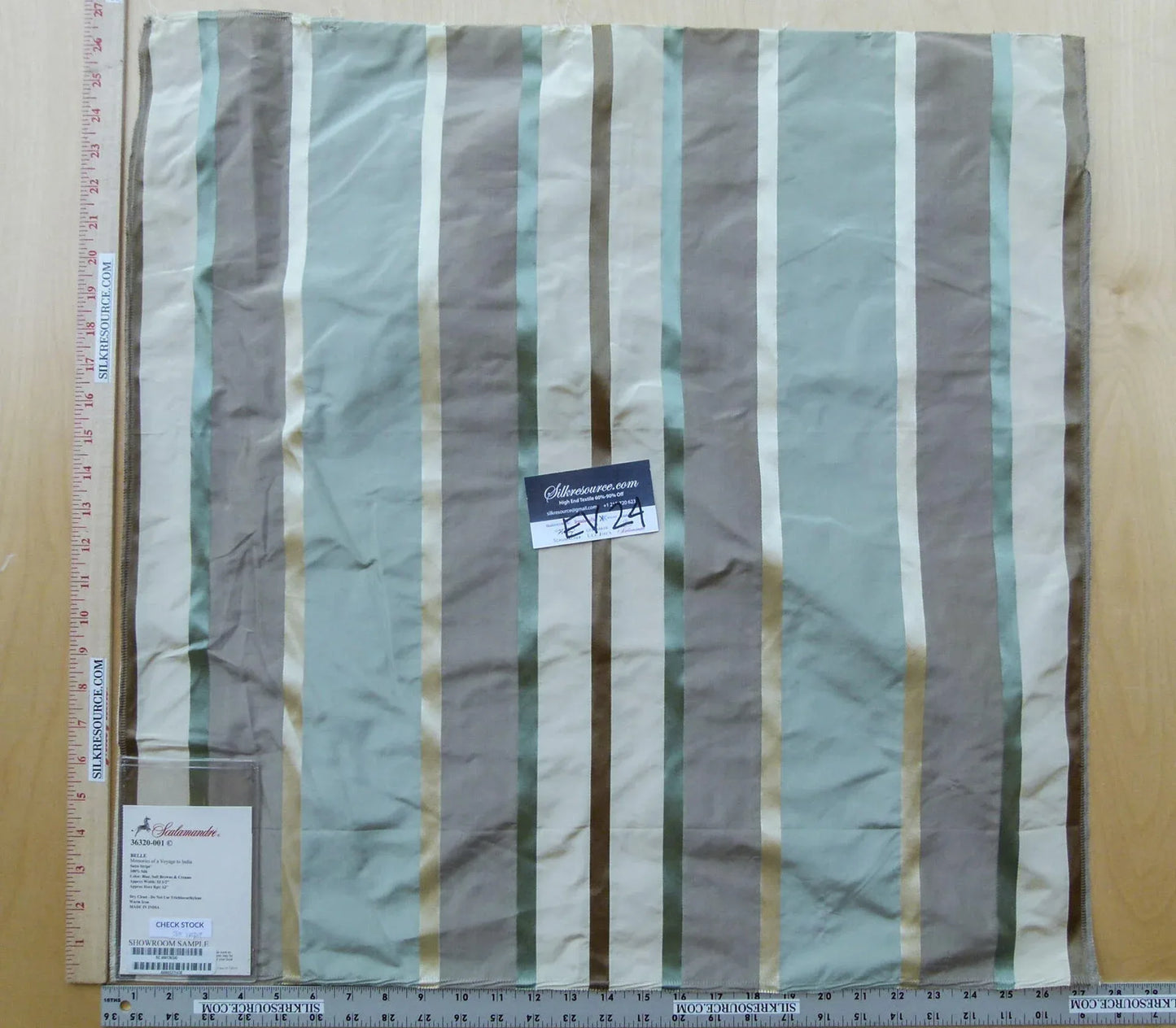 30 EV24 27"x27" Square Scalamandre BELLE Satin Stripe 100% Silk Blue, Soft brown and Creams