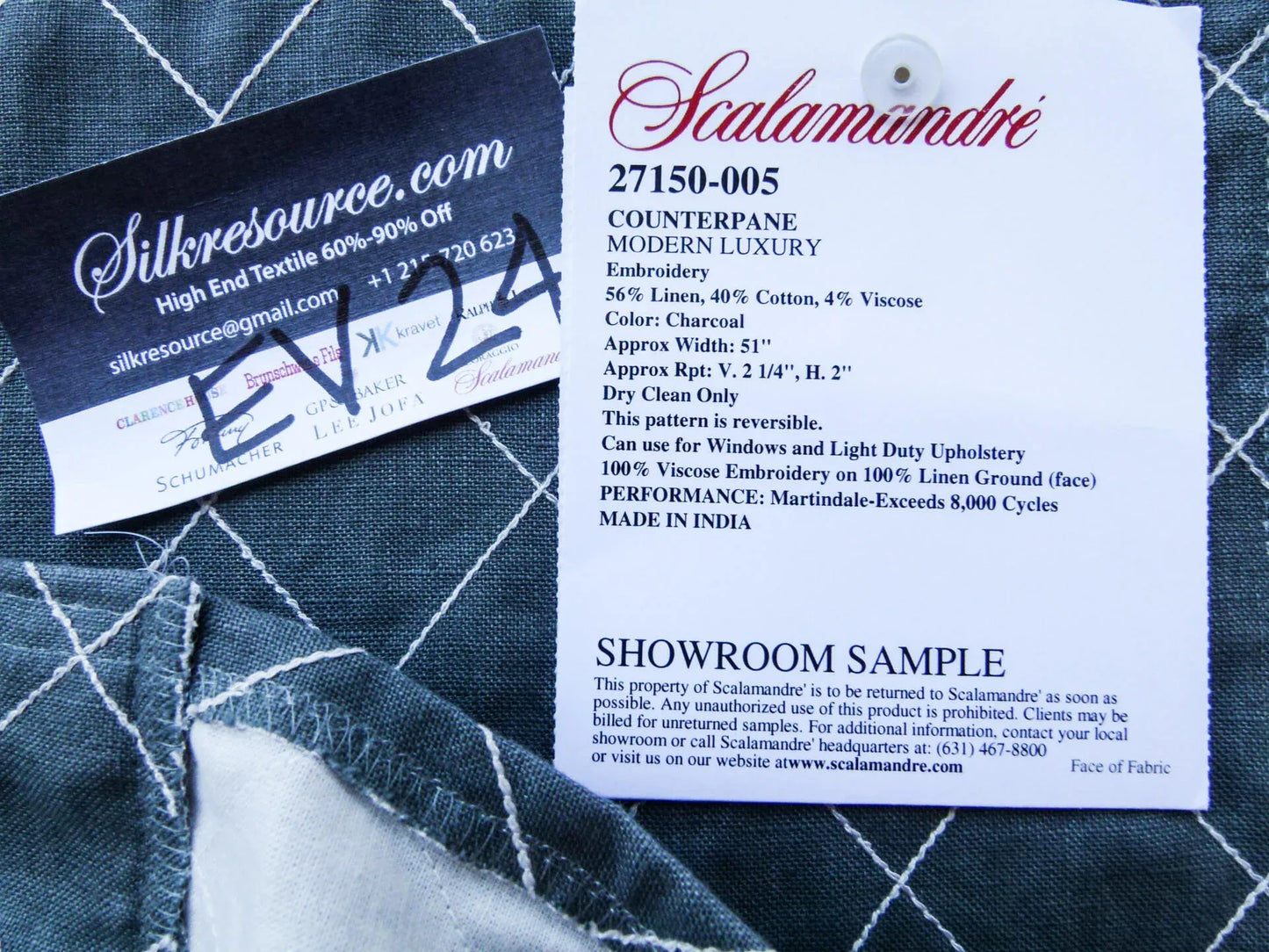 38 EV24 1.2 yard Scalamandre COUNTERPANE Charcoal Embroidery Black Diamond
