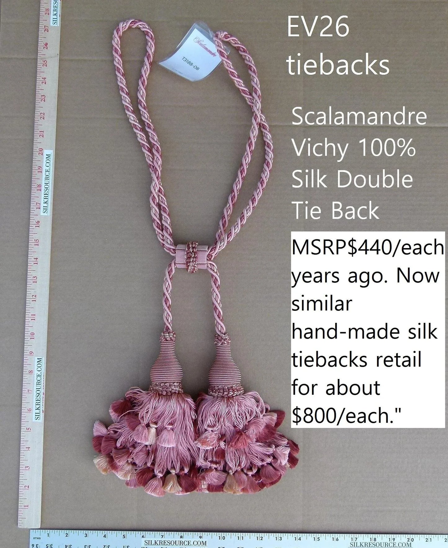 Scalamandre Silk Tiebacks Handmade Vichy 100% Silk Double Tieback Pink MSRP 440/y T3188-08