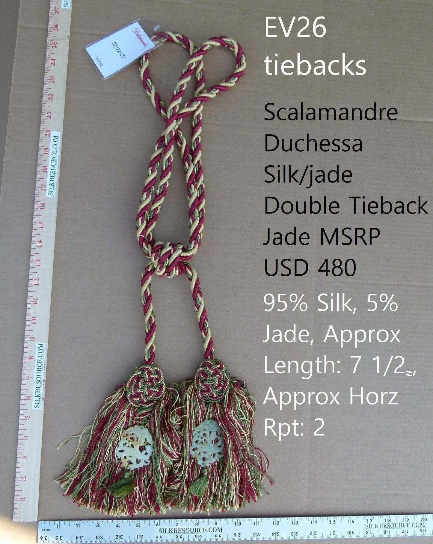 Scalamandre Silk Tiebacks Handmade Duchessa Silk/Jade Double Tieback Jade Deep Red MSRP USD480 each T3022-07