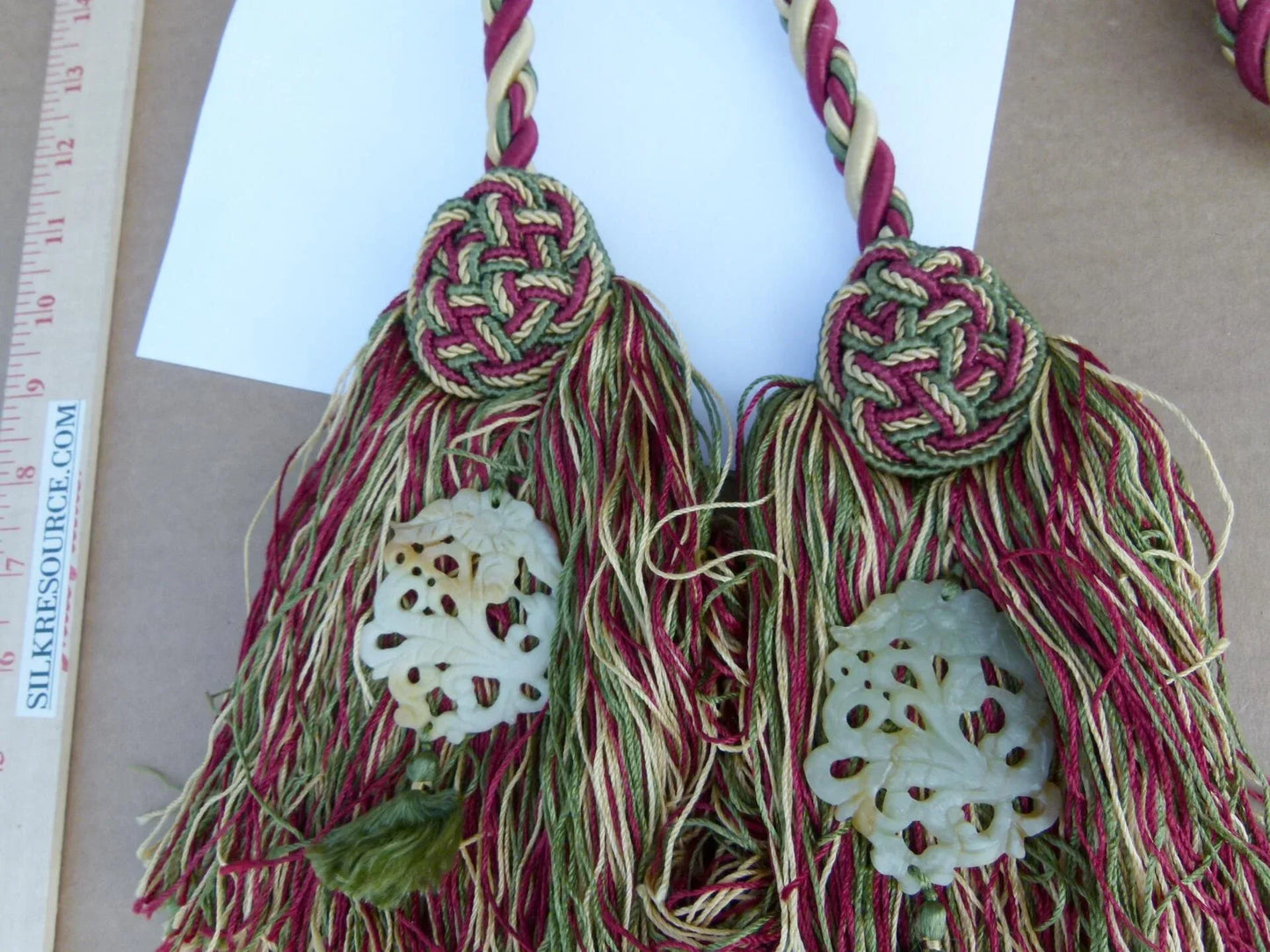 Scalamandre Silk Tiebacks Handmade Duchessa Silk/Jade Double Tieback Jade Deep Red MSRP USD480 each T3022-07