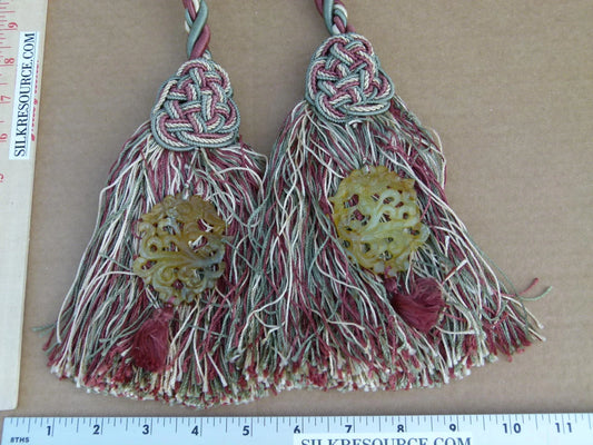 Scalamandre Silk Tiebacks Handmade Duchessa Silk/Jade Double Tassel Jade Red Green MSRP USD480 each T3022-10