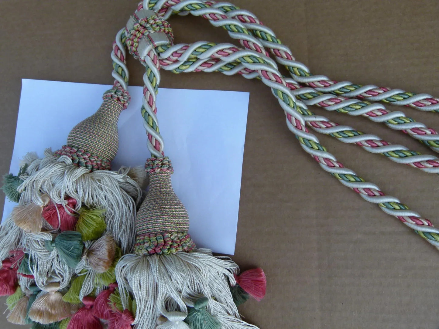 Scalamandre Silk Tiebacks Handmade Lyon Double Tassel White Green  MSRP USD430