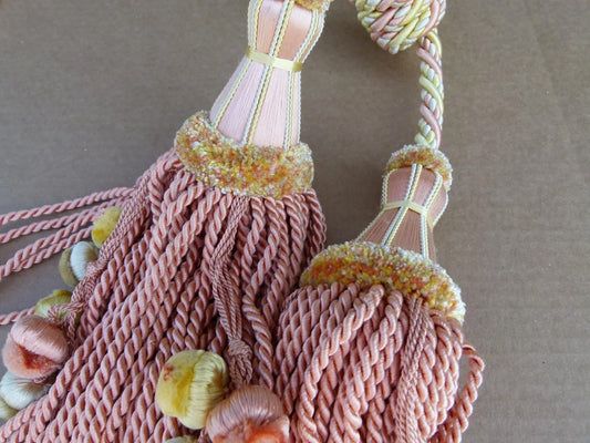 Scalamandre Silk Tiebacks Handmade Double Tassel Coral Yellow MSRP USD500+  T3214-12