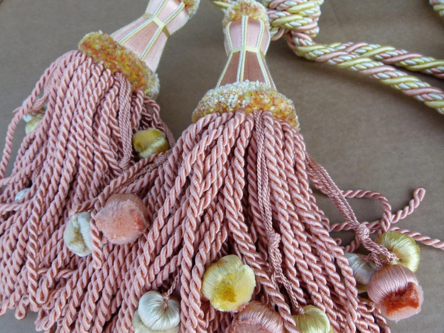 Scalamandre Silk Tiebacks Handmade Double Tassel Coral Yellow MSRP USD500+  T3214-12