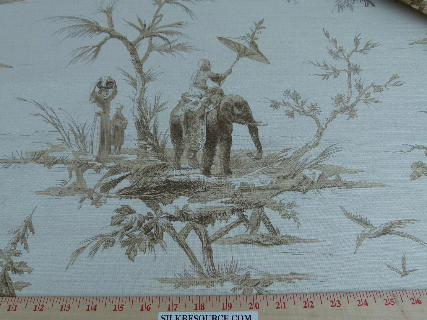 Scalamandre Voyage En Chine Print Beige on Beige Chinoiserie Asian Garden Elephant Brown Beige MSRP USD 388/y