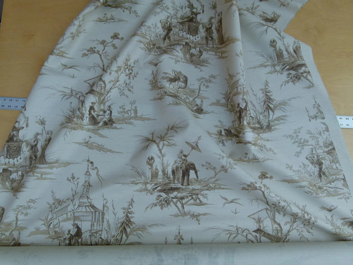 Scalamandre Voyage En Chine Print Beige on Beige Chinoiserie Asian Garden Elephant Brown Beige MSRP USD 388/y