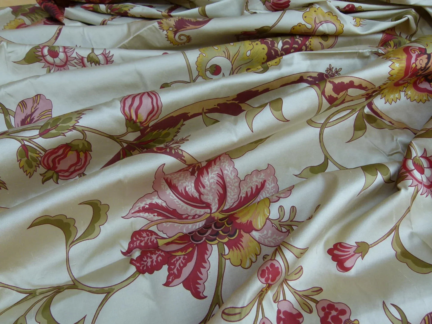 3 EV27 2.1yrd x 47"wide  Scalamandre Baradi Blossom On Chablis Pink Jacobean Palampore Tree Of Life Printed Silk Pink Green On Cream White MSRP USD 192/y