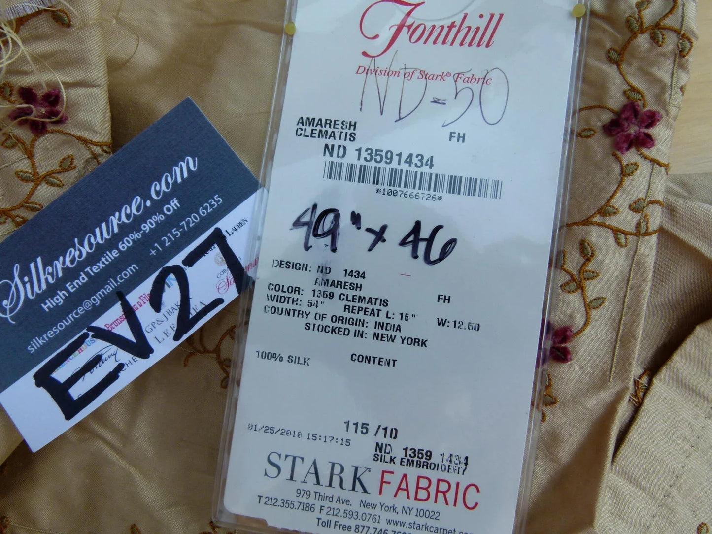 4 EV27 1.4yrd x 46"wide  Scalamandre AMARESH Clematis Silk Embroidery Gold