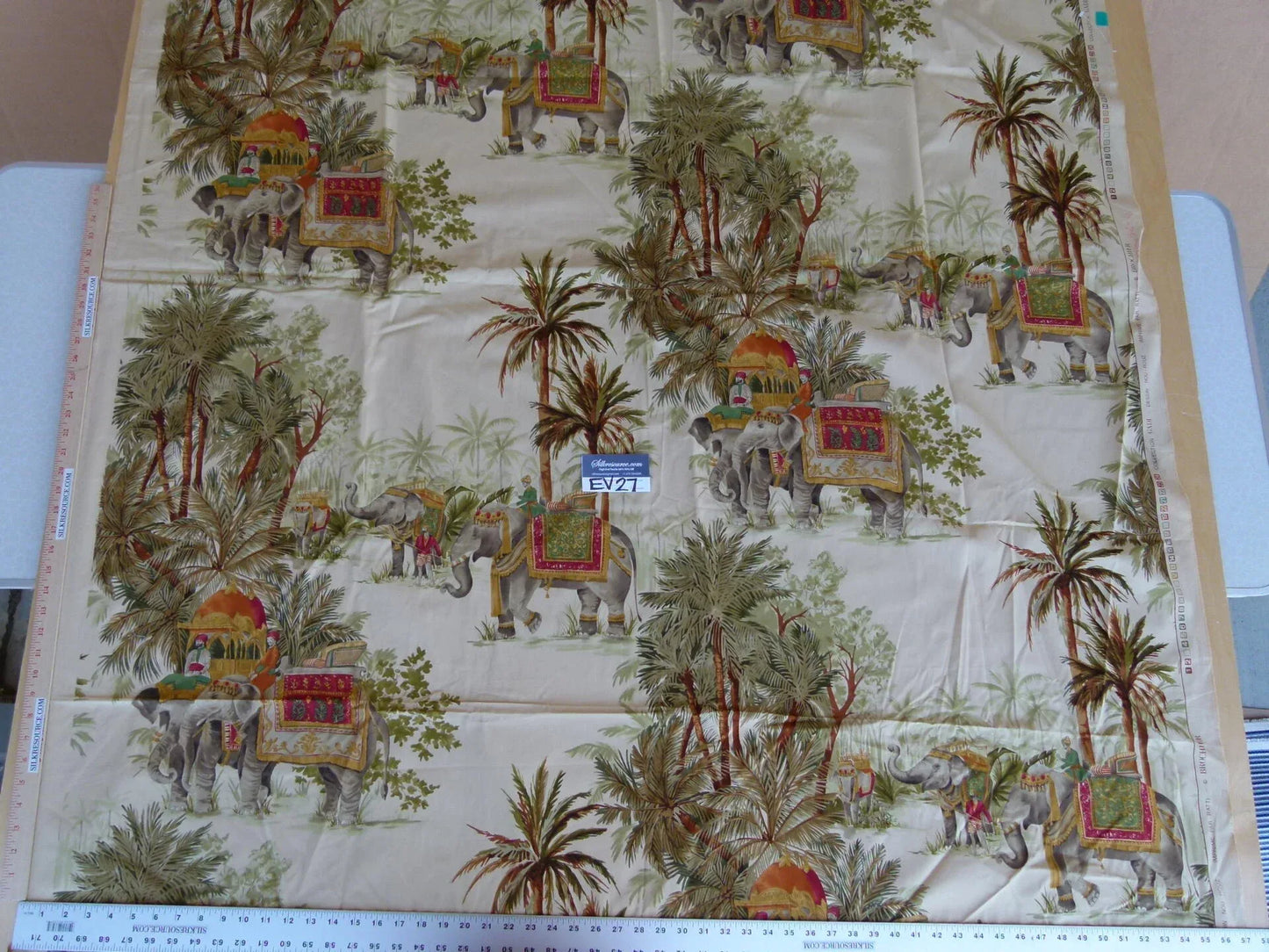 10 EV27 1.9yd x 57.5"wide Scalamandre Gadi Beige Tropical Elephant Cotton Print Italy