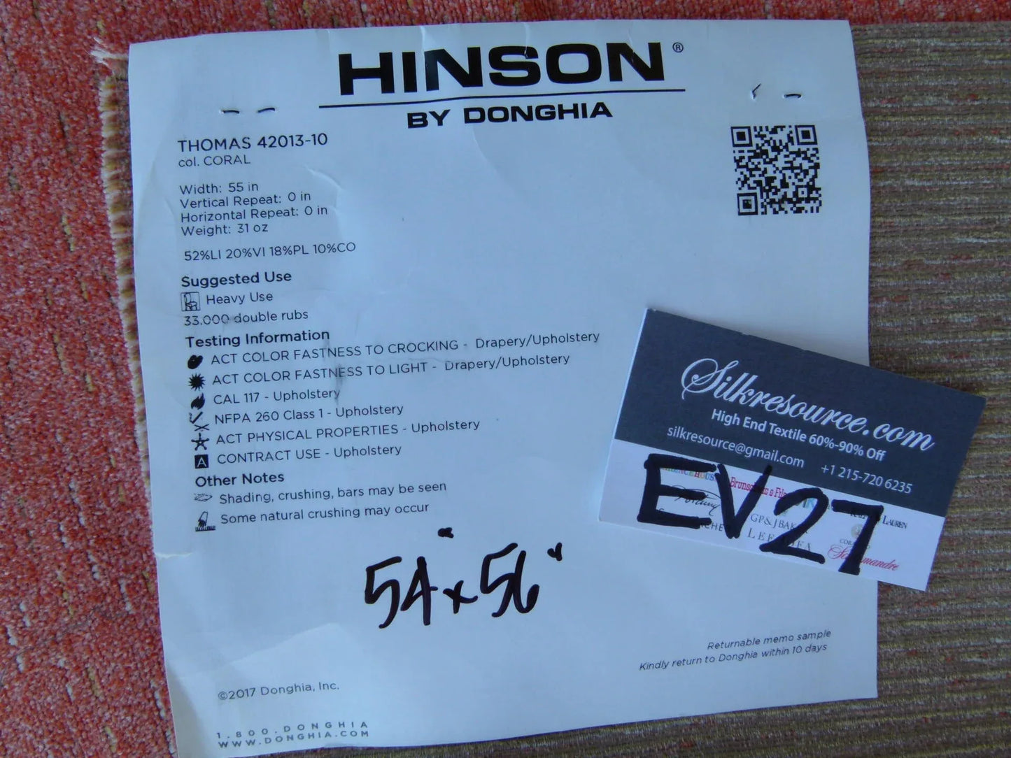 13 EV27 1.5yd x 56"wide Scalamandre Thomas Coral Linen Chenille Viscose, Polycotton Pink MSRP USD 192/y