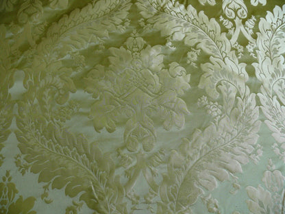 100% Silk Damask Classic Renaissance Lotus Kiwi Green Gold Sparkling By Yard