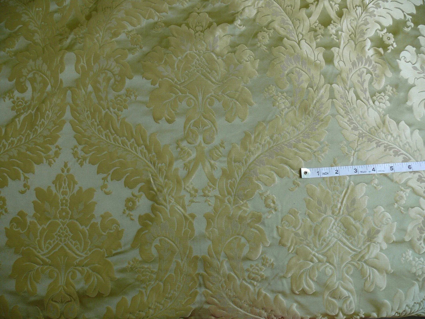 100% Silk Damask Classic Renaissance Lotus Kiwi Green Gold Sparkling By Yard